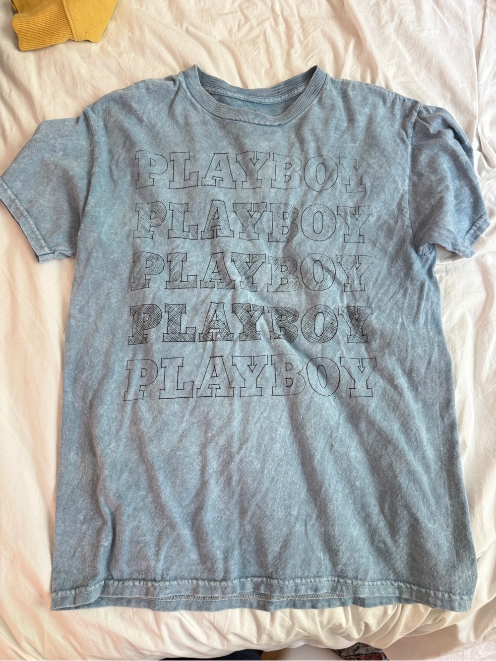 PLAYBOY Light Blue Repeating Logo Graphic Tee Shirt like new